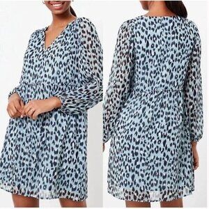 Loft Light Blue Small Snow Leopard Print V-Neck Swing Dress